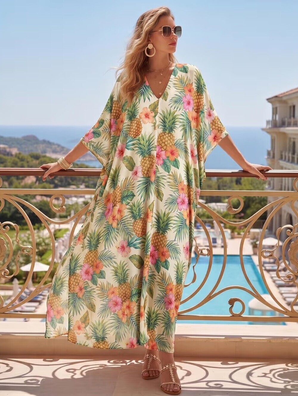 Kaftan Dress Plus Size Swimsuit Cover up Beach V Neck Lightweight Fits S-XXL